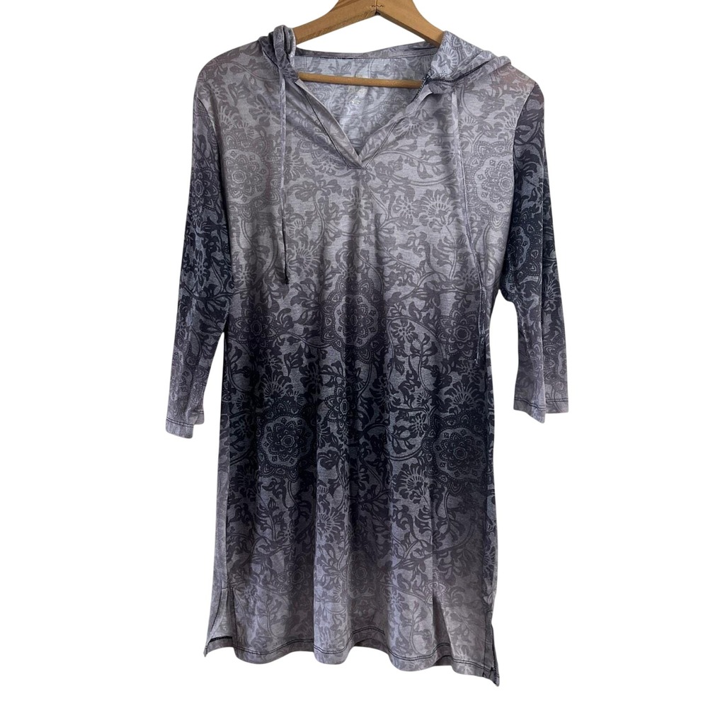 Vintage Y2K Ombre Floral Paisley Burnout‎ Hooded Tunic Top Grey Boho M
